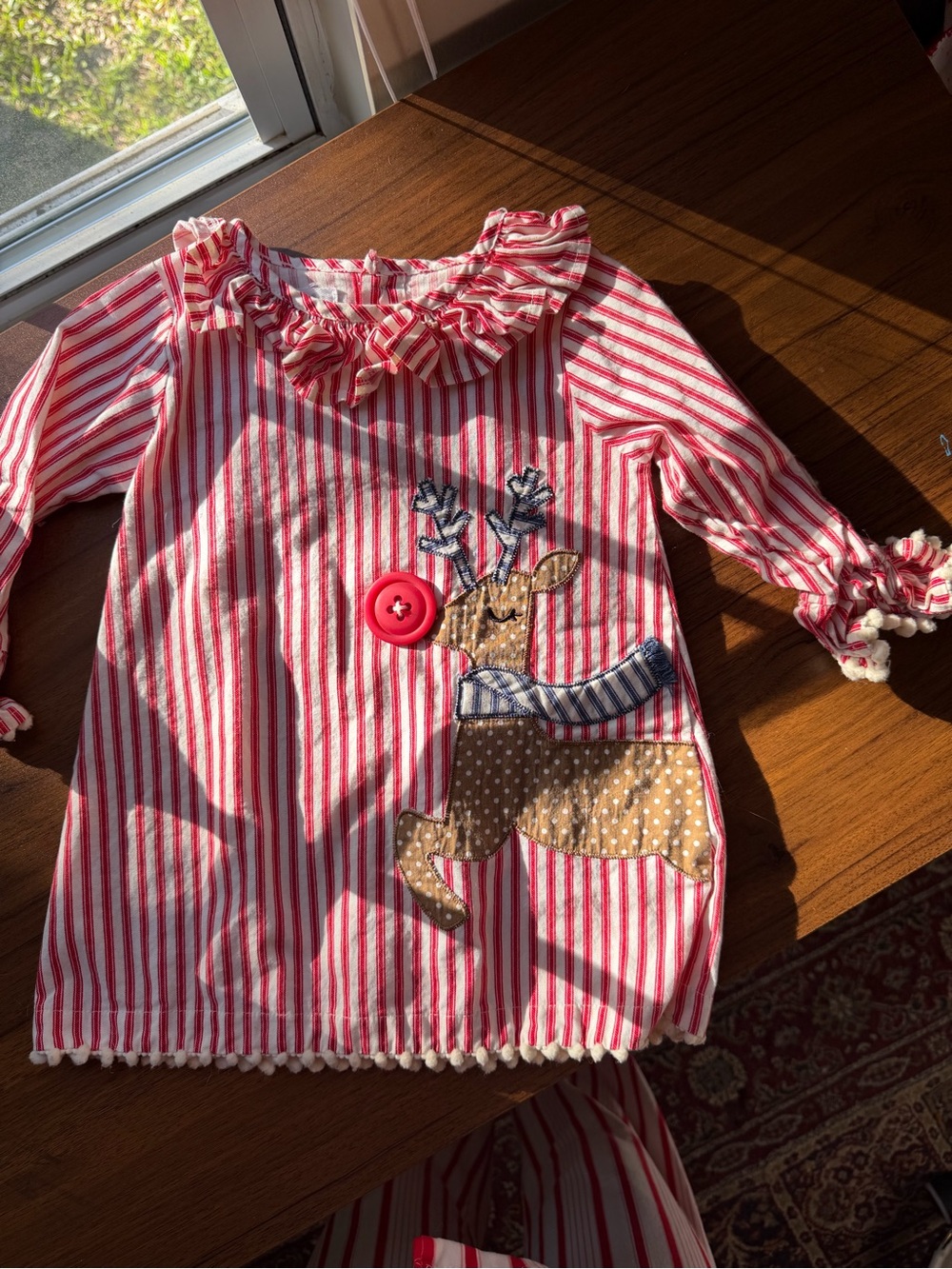 Mud Pie Red and White Striped Ruffle-Neck Reindeer Dress